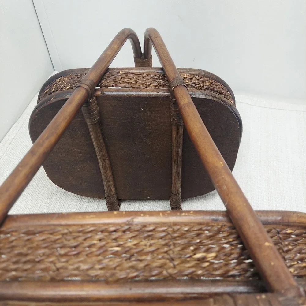 Vintage Dark Brown Bamboo Wicker Rattan 2-Tier Serving Stand MCM Boho